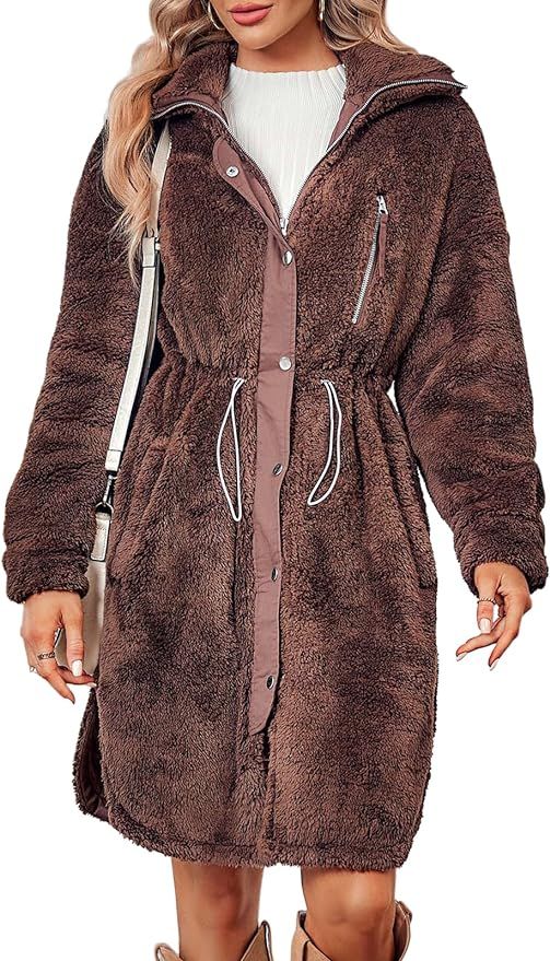 Langwyqu Women's Warm Faux Fur Coat Lapel Zip Up Drawstring Winter Long Sherpa Jacket | Amazon (US)