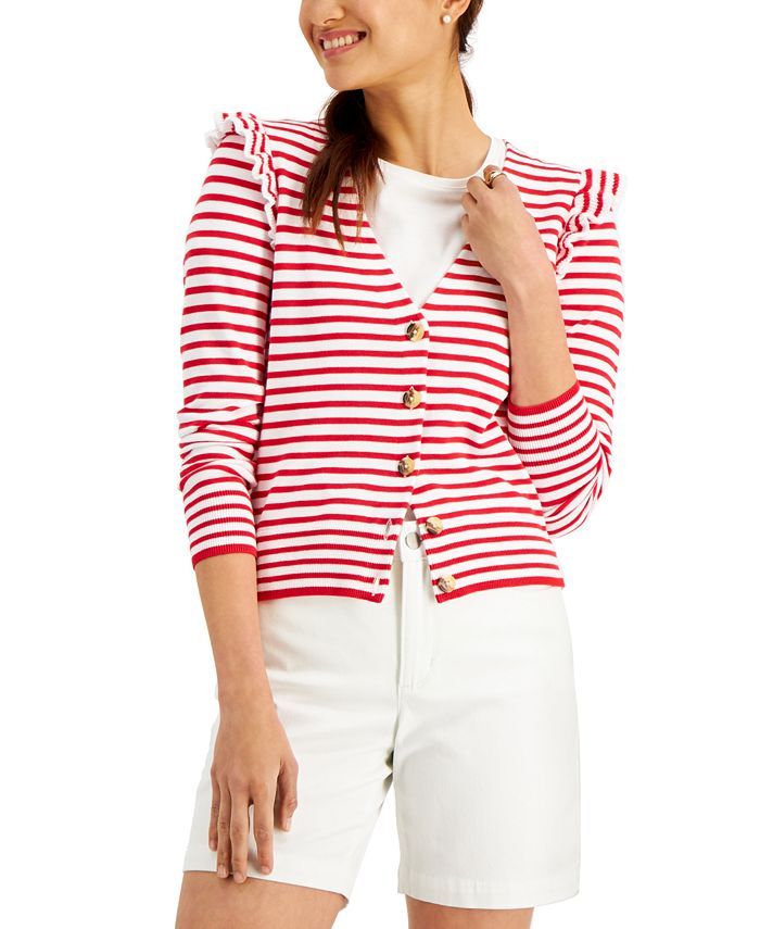 Charter Club Striped Ruffled Cardigan, Created for Macy's & Reviews - Sweaters - Women - Macy's | Macys (US)