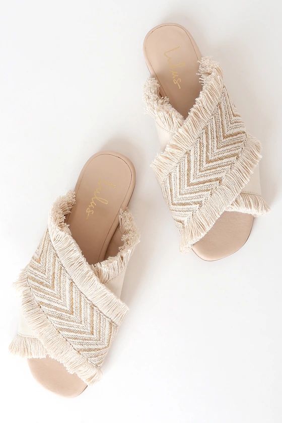 Finlee Cream and Gold Woven Slide Sandals | Lulus (US)