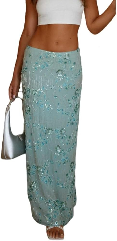 Women Y2K Sequin Long Skirt Sparkle Rhinestone Floral Maxi Skirt High Waist Glitter Midi Skirt Go... | Amazon (US)