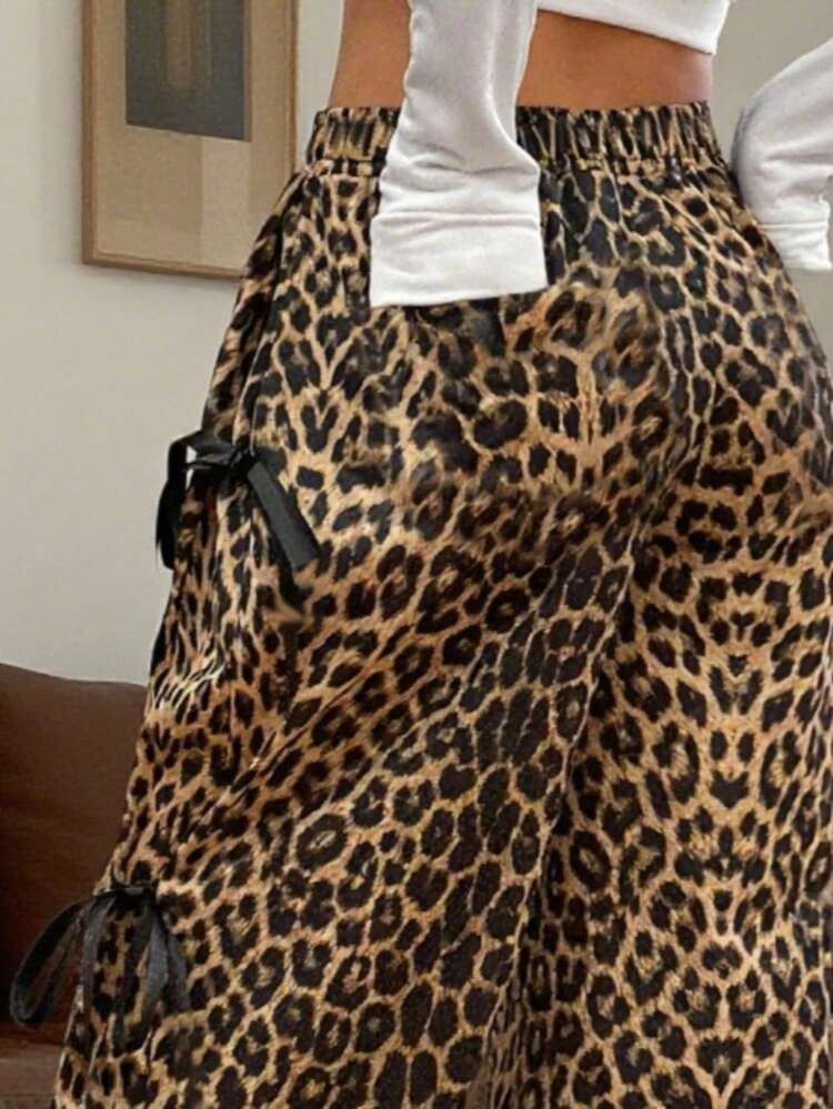 Girls' Leopard Print Bow Tie Waist Loose Casual Pants | SHEIN