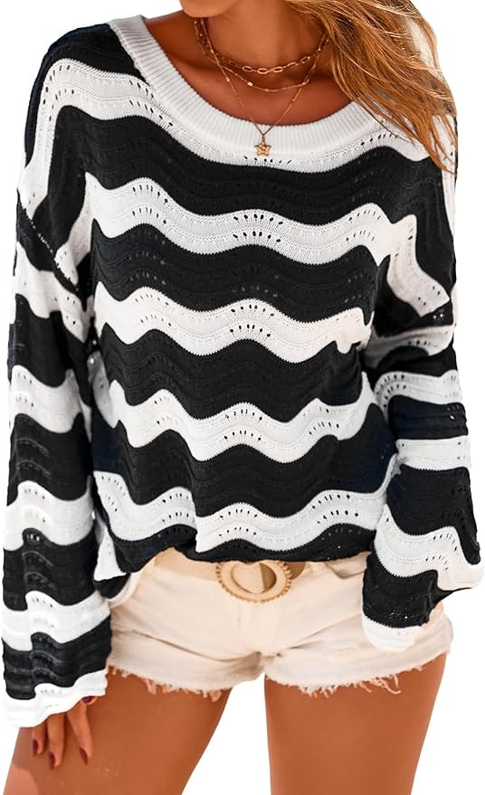 Arach&Cloz Women's Linen Blend Crochet Bell Sleeve Beach Vacation Striped Tops 2026 | Amazon (US)