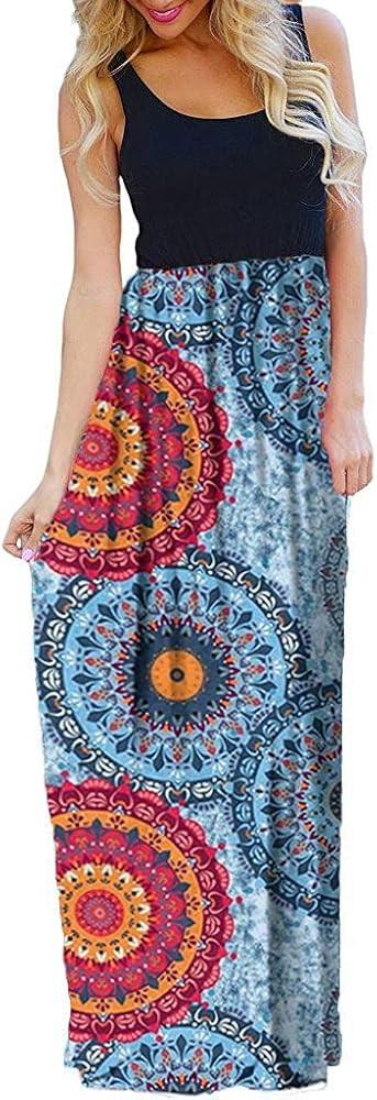 Amazon.com: OURS Summer Floral Print Tie Dye Contrast Sleeveless Extra Long Maxi Dresses for Tall Wo | Amazon (US)