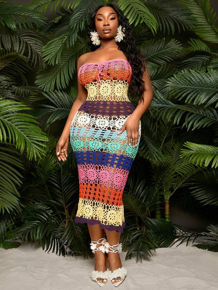 SHEIN SXY Plus Size Spring/Summer Vacation Sexy Contrast Color Splice Fitted Hollow Out Knitted Dress,Ibiza Outfits | SHEIN