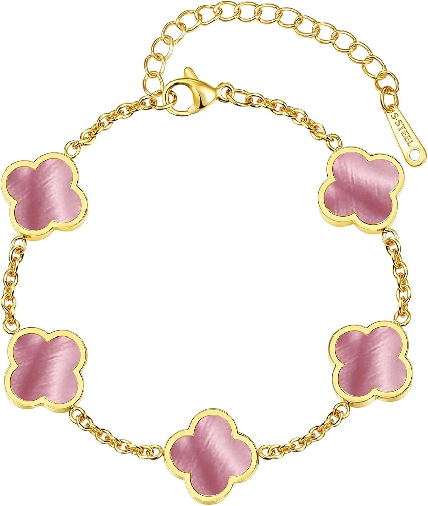 Four Leaf Clover Bracelet for Women 18K Gold Plated Stainless Steel 4 Leaf Link Chain Adjustable ... | Amazon (US)