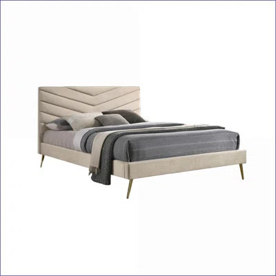 Queen Size Beige Flannelette Bed Frame with Chevron Tufted Headboard & Gold Legs - Mid-Century Modern Bedroom Furniture | Wayfair North America