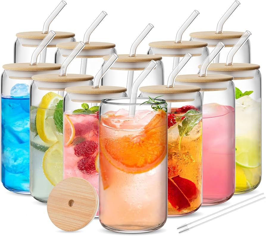 12pcs Glass Cups with Bamboo Lids and Glass Straws Set-16oz Can Shaped Drinking Glasses, Beer Gla... | Amazon (US)
