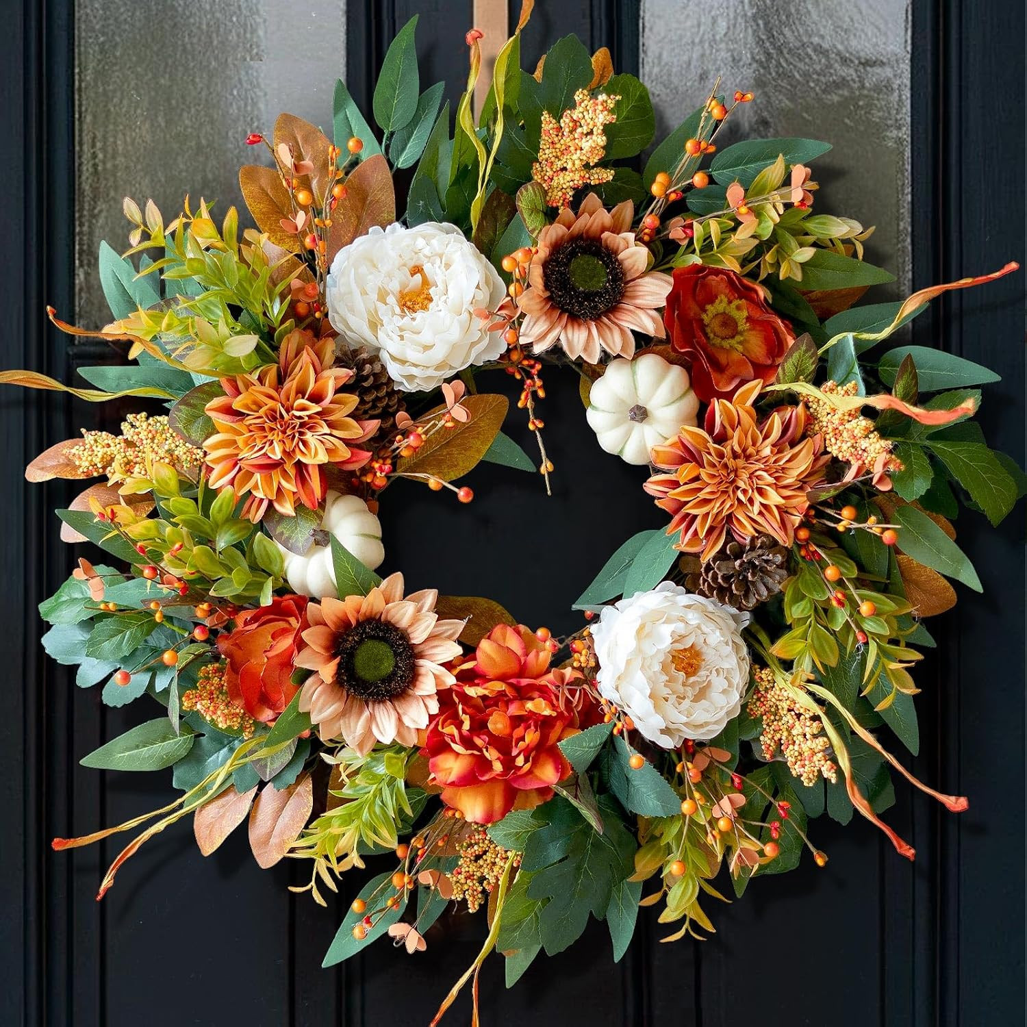 24 Inch Harvest Fall Wreaths for Front Door Outside with Sunflowers,Peony | Amazon (US)