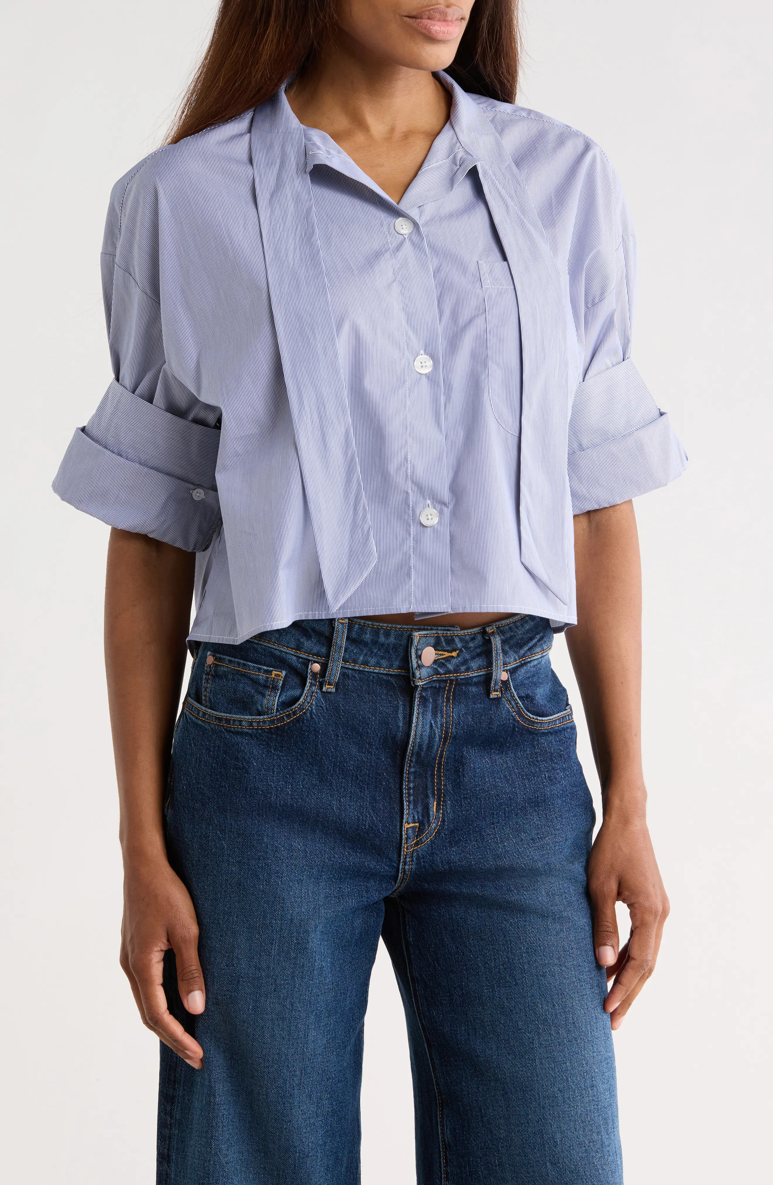 Next Ex Striped Tie Neck Cotton Shirt (Women) | Nordstromrack | Nordstrom Rack