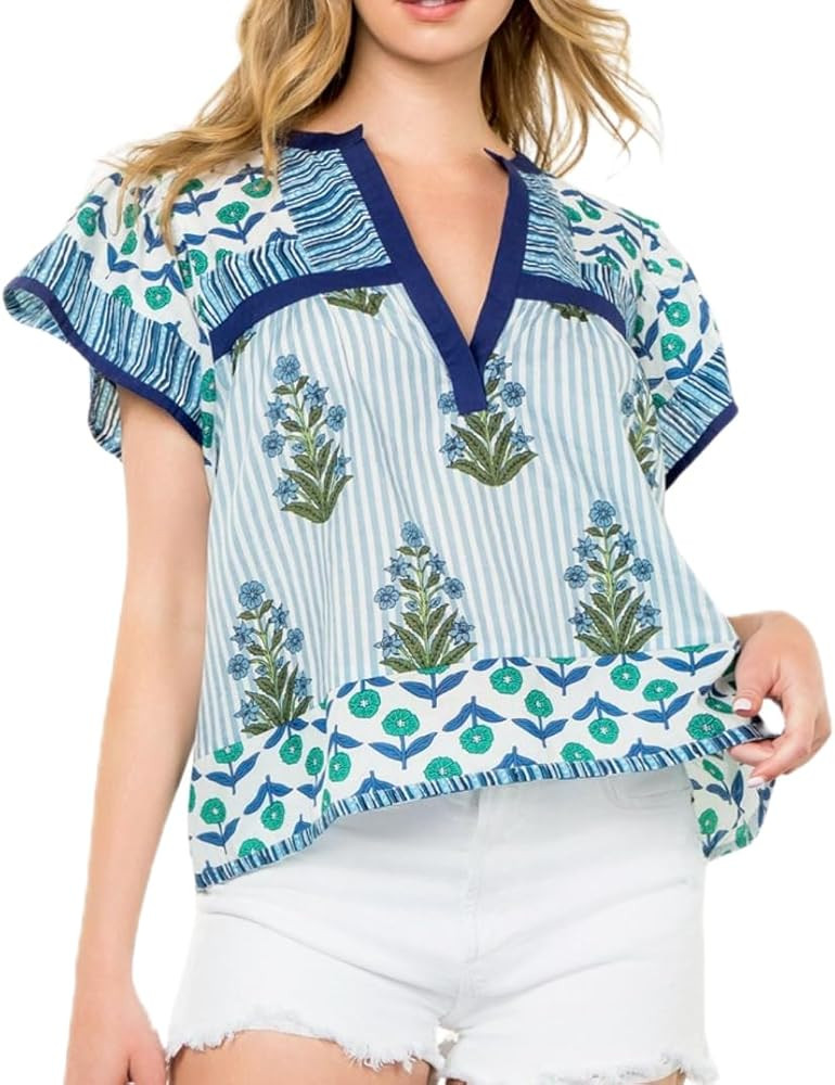 Women Boho Floral Peplum Shirt Flutter Sleeve Ruffle Babyboll Tops V Neck Patchwork Summer Coquet... | Amazon (US)