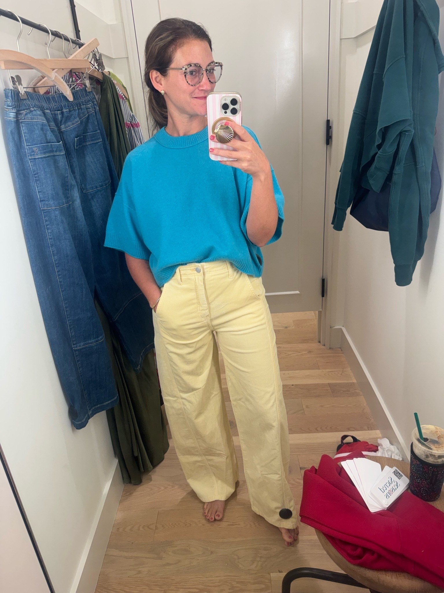 Butter yellow barrel corduroy pants and aqua blue short sleeve sweater . Happy fall colors

#LTKootd #LTKdayinmylife #LTKmomlife