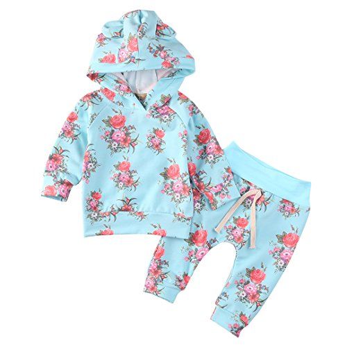 Newborn Baby Boys Girls Floral Long Sleeve Hoodie Tops Sweatsuit Pants Outfit Set (6-12 months, blue | Amazon (US)