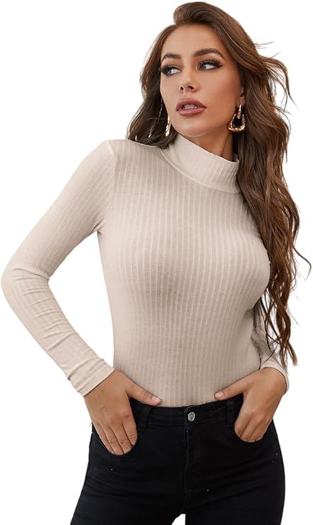 SOLY HUX Women's Mock Neck Long Sleeve Tee Basic Slim Fit Ribbed Knit T Shirt Tops | Amazon (US)