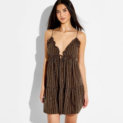 Women's Ruffle Triangle Cup Mini Babydoll Dress - Wild Fable™ Brown Striped S | Target