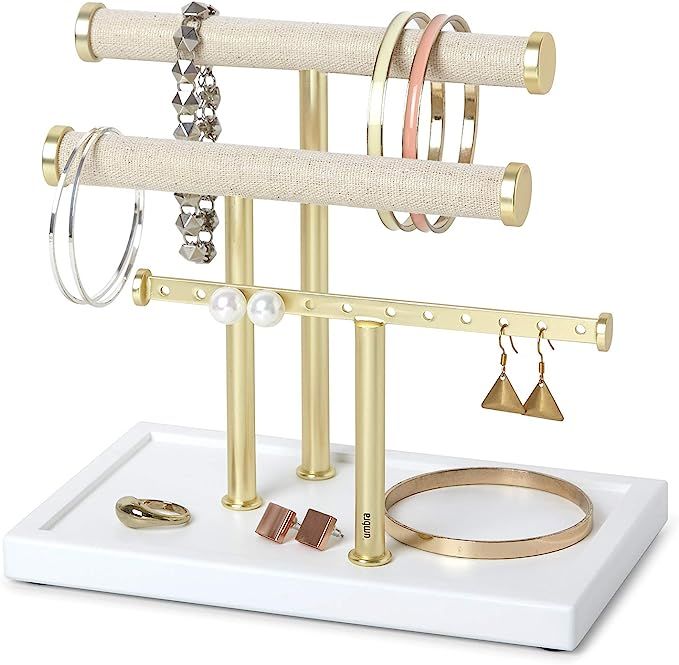 Umbra Trigem Three Tiered Tabletop Organizer for Necklace, Bracelets and Earrings, 3, White Brass | Amazon (US)