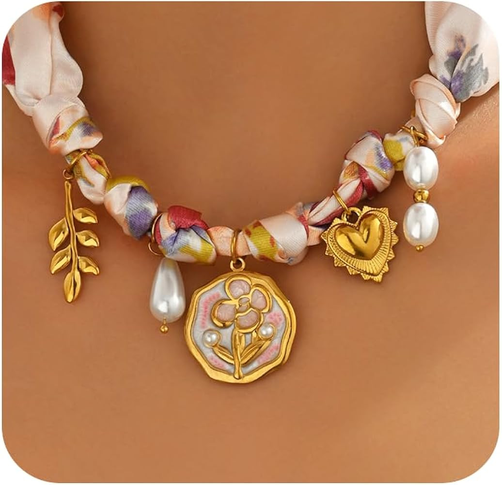 18K Gold Plated Silk Scarf Necklace for Women, Bandana Necklace with Stainless Steel Charms Choke... | Amazon (US)