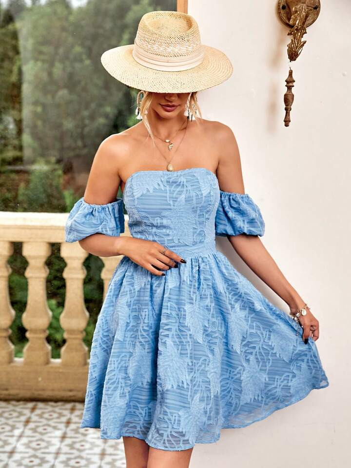 SHEIN VCAY Jacquard Off Shoulder Puff Sleeve Dress | SHEIN