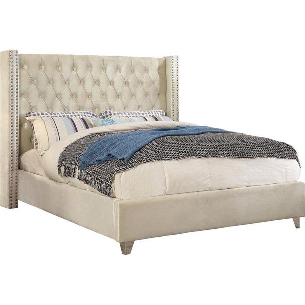 Meridian Furniture Aiden Solid Wood Tufted Velvet Wing Back King Bed in Cream | Walmart (US)