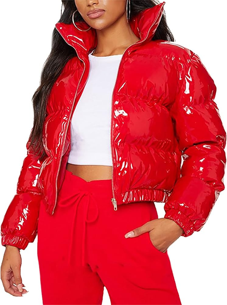 Uaneo Women's Cropped Puffer Jacket Winter Shiny Zip Up Short Bubble Puffy Coats | Amazon (US)