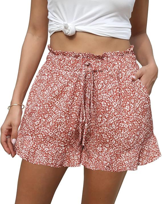 BTFBM Women Shorts Casual Bowknot Tie Elastic High Waist Summer Beach Ruffle Hem Short Pants with... | Amazon (US)