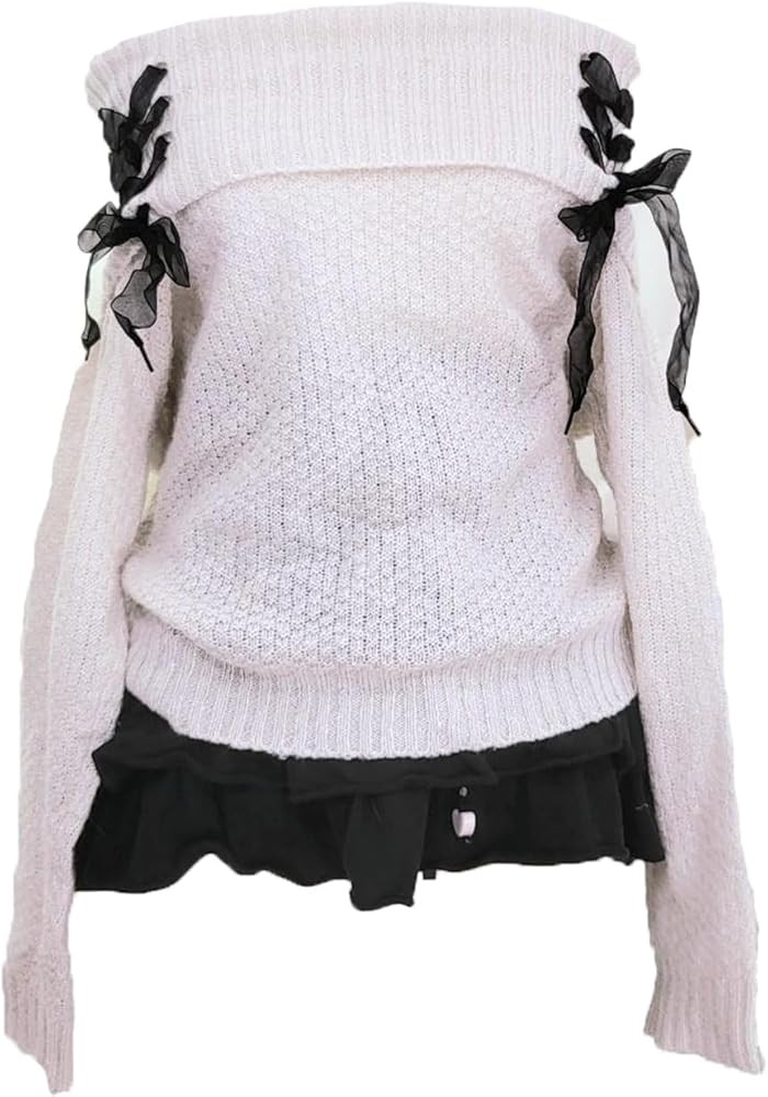 Women Cute Ribbon Lace Up Bow Knit Sweater Y2k Fairy Grunge Loose Fit Pullover Knitted Jumper Vin... | Amazon (US)