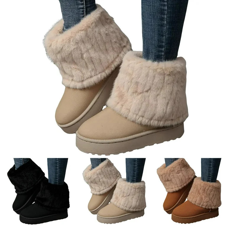 Dakaela Women's Mid Calf Snow Boots Round Toe Suede Platform Slip on Booties Fleece Lined Winter ... | Walmart (US)