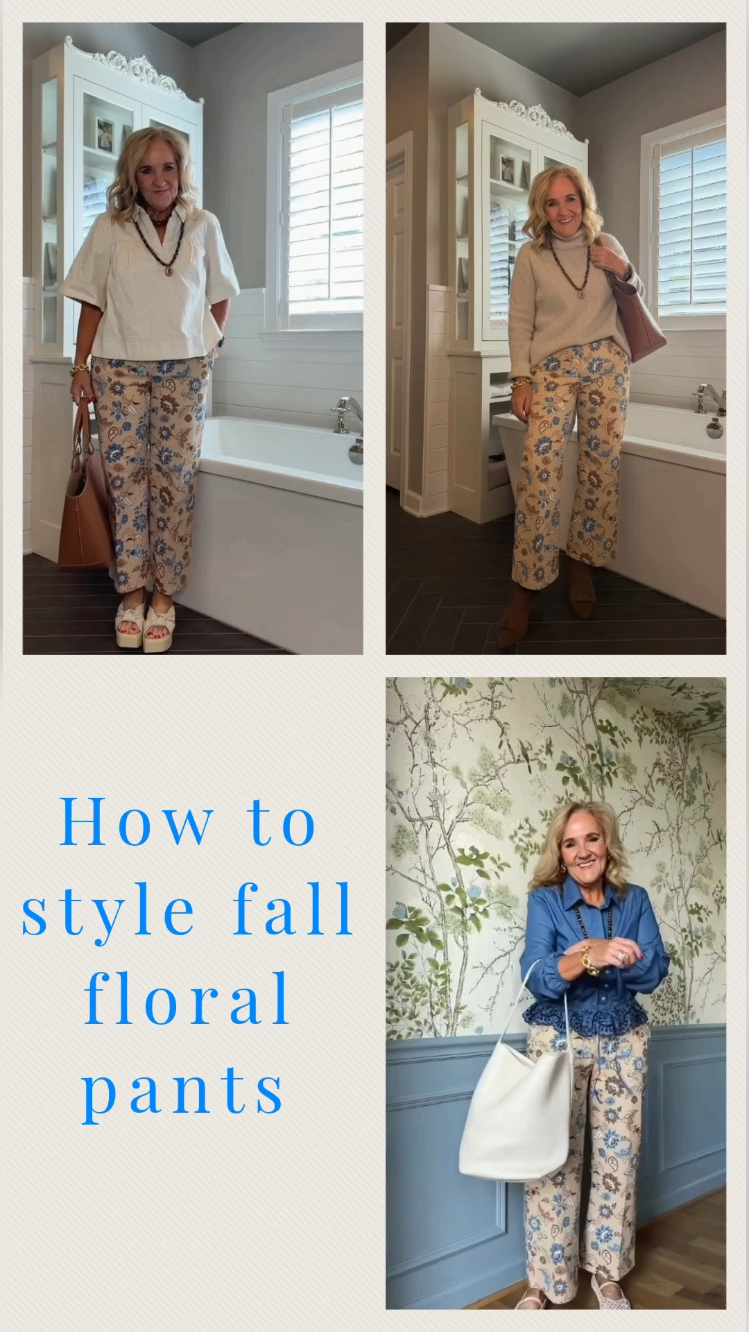 Love this wear now look. Then parentheses fall print pants with a sweater and boots layer! 
Pants size 8 petite 
Tops & sweater  size medium 
Fall pants printed pants fall neutrals
The off-white denim top is very limited. I’m linking a similar that I also wear a size medium in.

#LTKOver40 #LTKSaleAlert #LTKootd #LTKSeasonal #LTKPetite