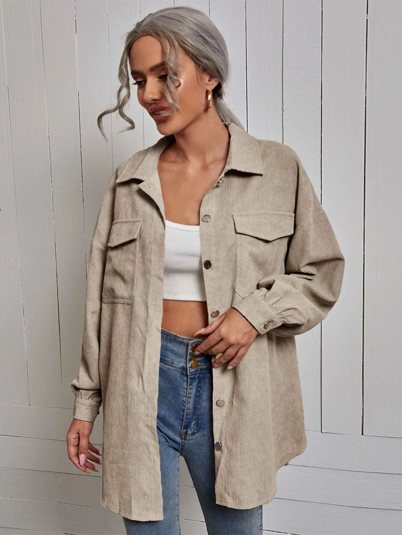 Flap Pocket Drop Shoulder Corduroy Coat | SHEIN