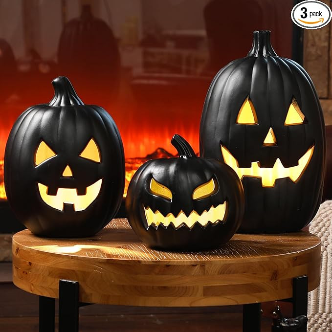 3 PCS Black Jack o Lantern Decoration, Halloween Plastic Vintage Pumpkin Decor with Light for Ind... | Amazon (US)