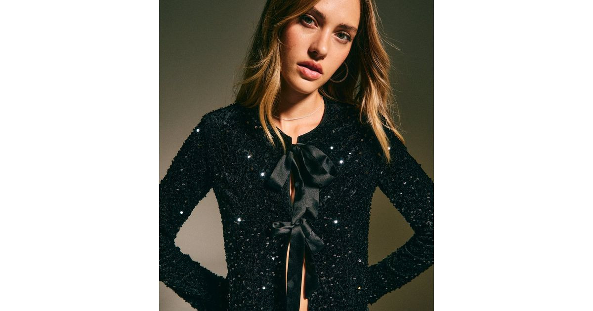 Black Velvet Sequin Embellished Tie Front Cardigan | New Look | New Look (UK)