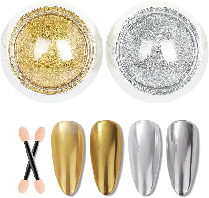 GZMAYUEN 2Pcs Gold Silver Chrome Nail Powder, Metallic Mirror Effect Nail Chrome Powders, Chrome ... | Amazon (UK)