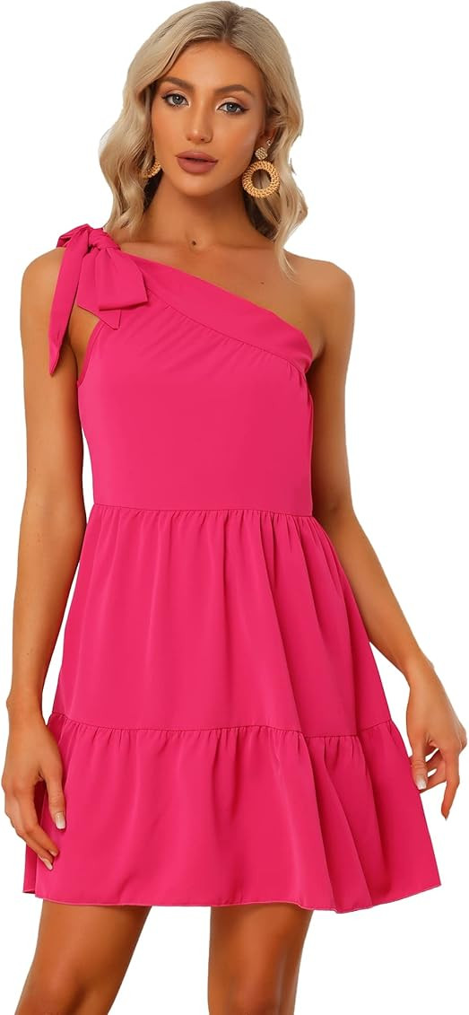 Allegra K Women's Bow One Shoulder Solid Color Sleeveless Flowy Dress | Amazon (US)