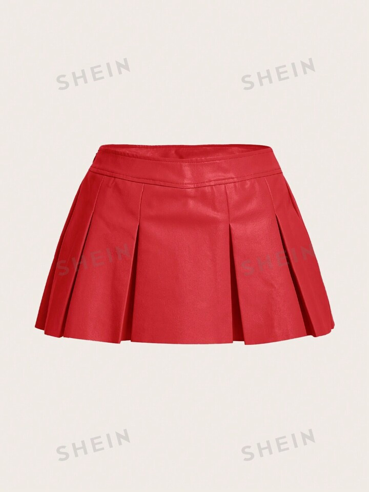 SHEIN ICON Red Solid PU Leather Pleated Mini Skirt | SHEIN