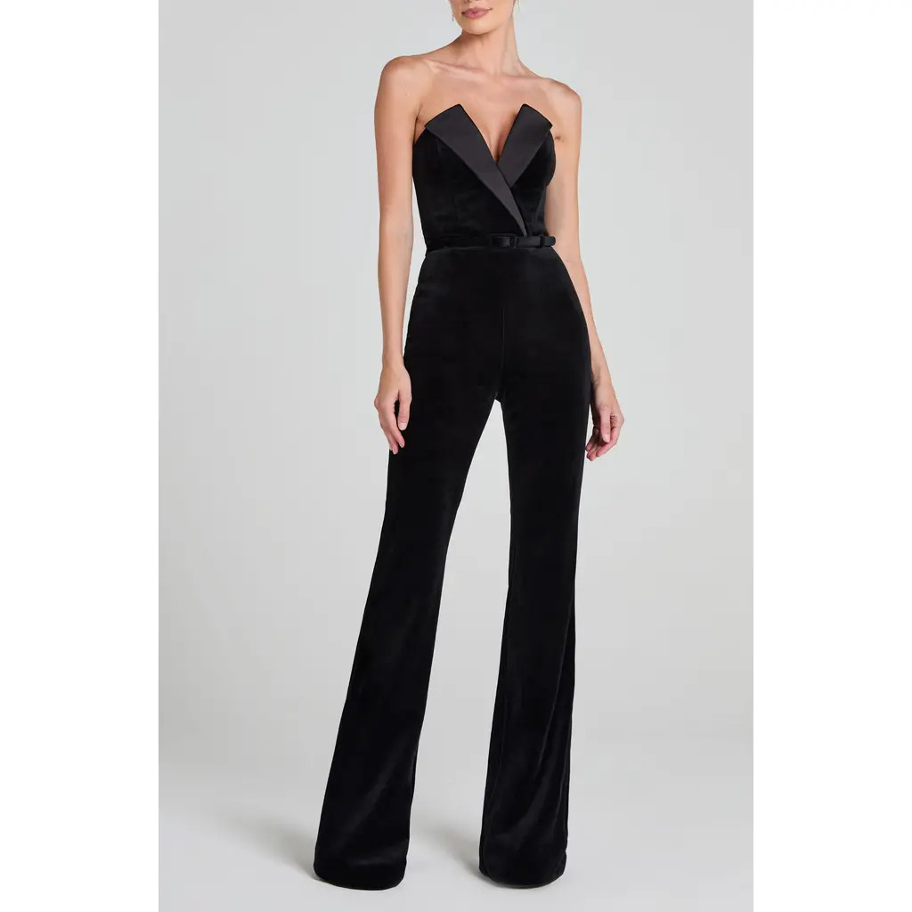 NADINE MERABI Vanessa Strapless Belted Velvet Flare Jumpsuit in Black at Nordstrom, Size 8 | Nordstrom