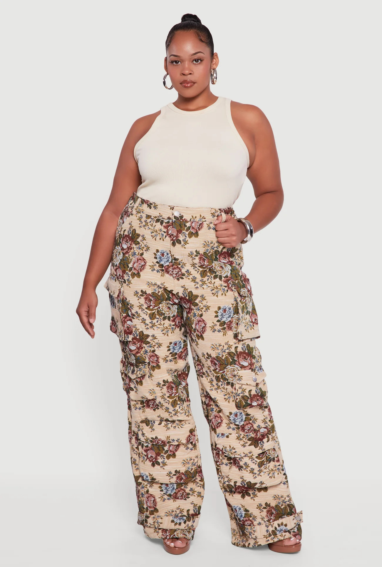 Plus Size Floral Jacquard Wide Leg Utility Pants | Rainbow Shops