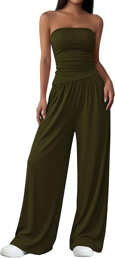 PRETTYGARDEN Womens 2 Piece Set Summer Outfits 2026 Asymmetrical Ruched Tube Top and Wide Leg Pan... | Amazon (US)