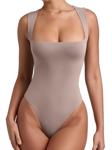 REORIA Womens Summer Sexy Sleeveless Square Neck Double Lined Going Out Cute Thong Bodysuit Tank Tops Khaki Large | Amazon (US)
