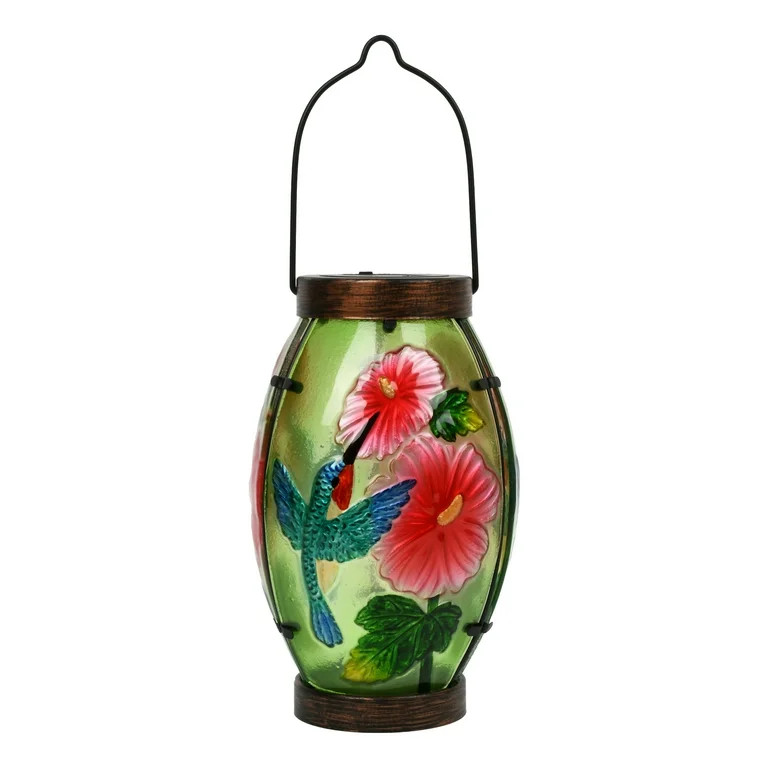 Mainstays Solar Hummingbird Hand Painted Green Glass Lantern | Walmart (US)