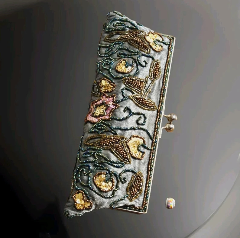 Vintage Beaded Evening Clutch: Grey Satin Party Handbag - Etsy Ireland | Etsy (US)