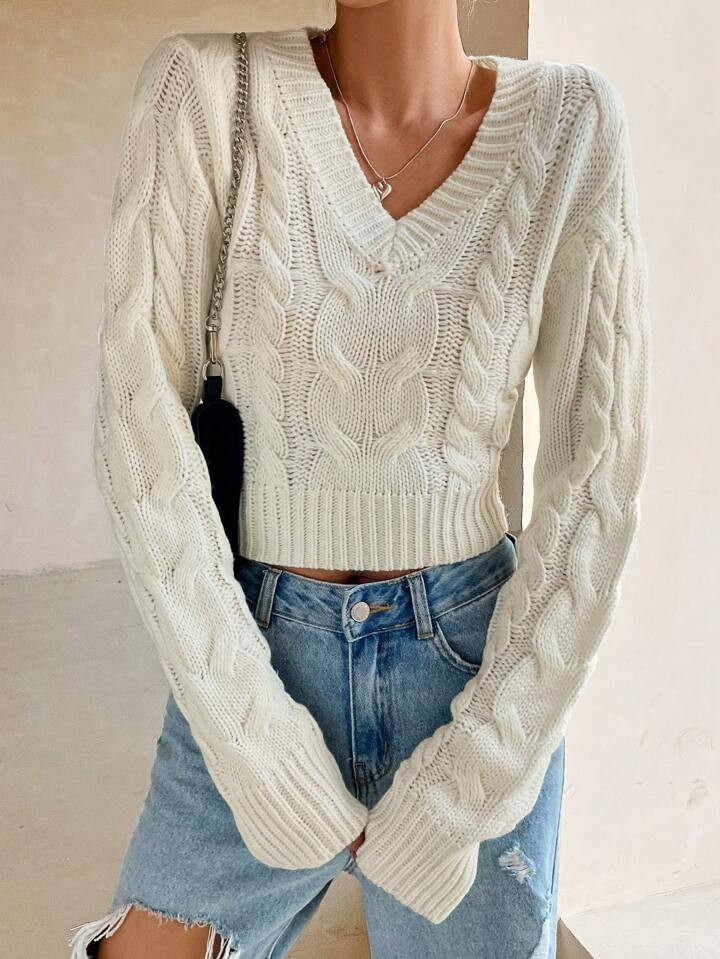SHEIN EZwear Cable Knit Drop Shoulder Crop Sweater | SHEIN USA | SHEIN
