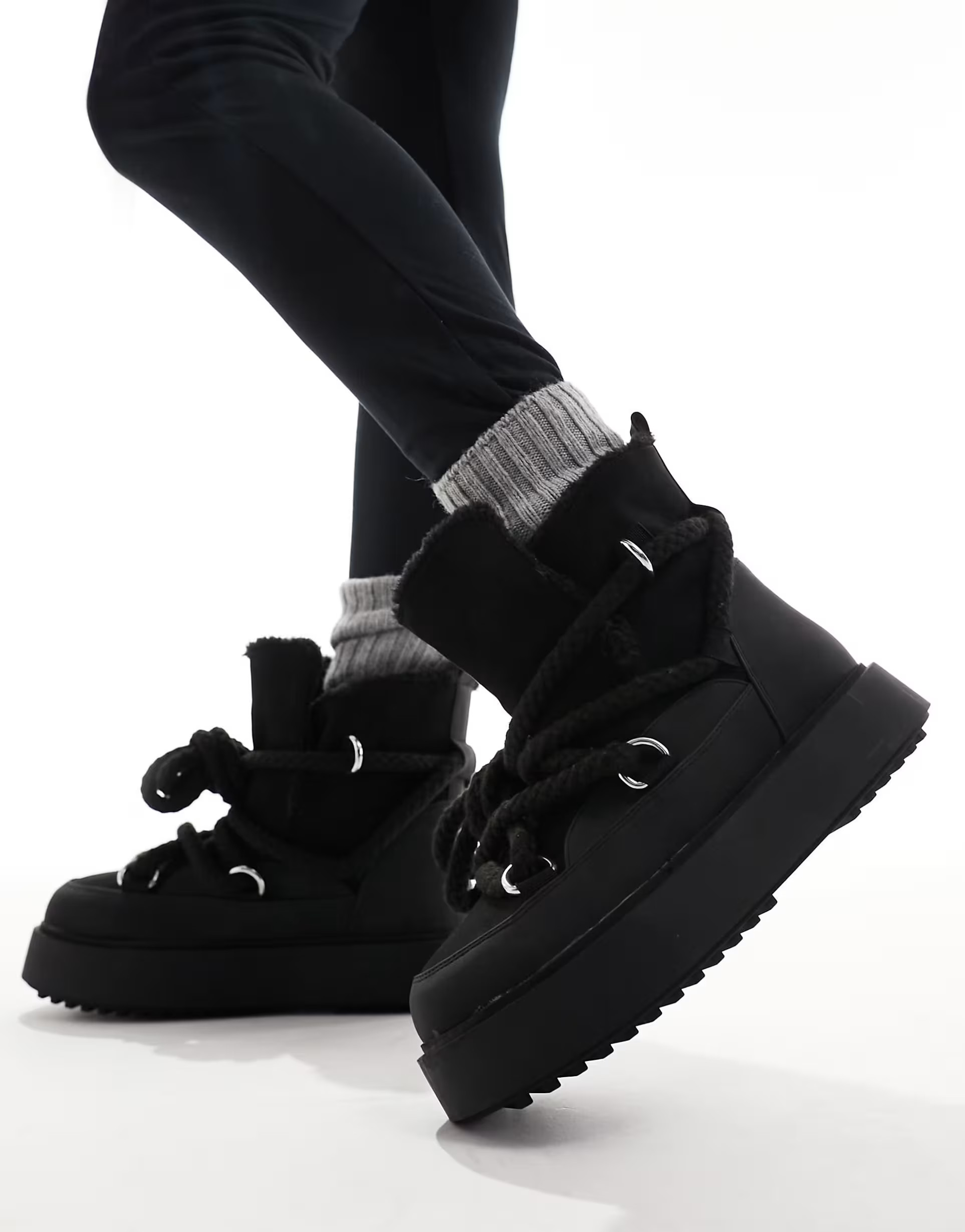 ASOS DESIGN Alpine shearling lace up snow boots in black | ASOS (Global)