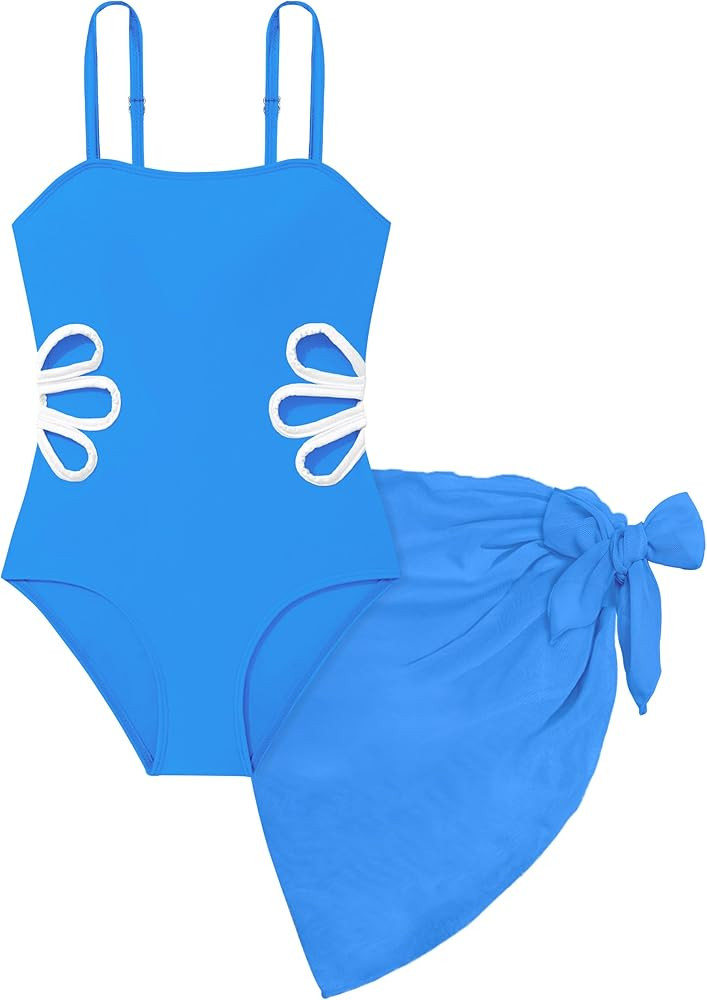 Girls Swimsuit, Adjustable Straps Cut Out One Piece Bathing Suit with Solid Color Cover Up Skirt ... | Amazon (US)