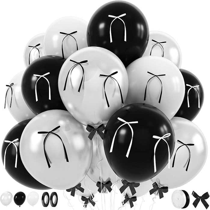 Black and White Bow Balloons 60pcs, Pearl White Black Balloons with Diy Ribbon Bow for Women Girl... | Amazon (US)