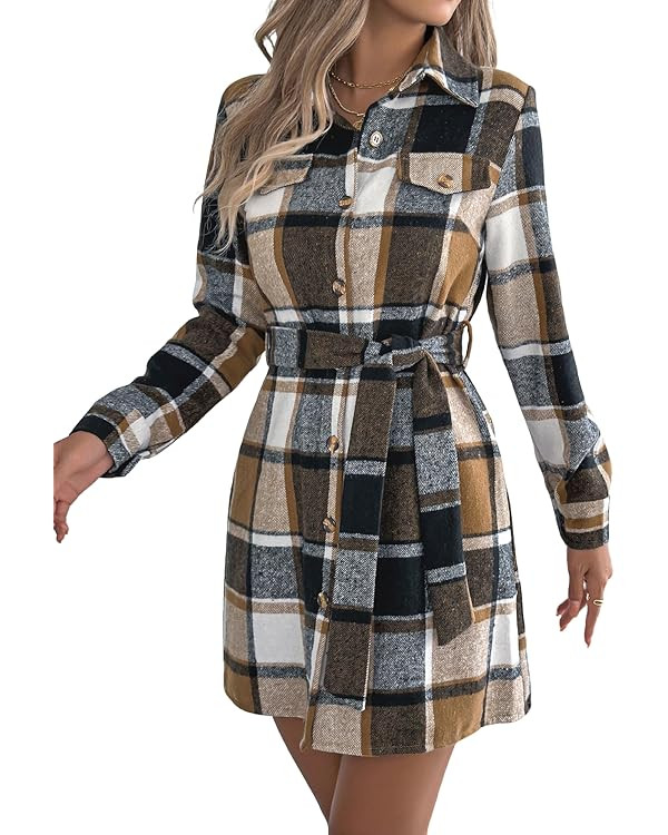 IDEALSANXUN Womens Plaid Shirt Dresses Fall Winter Long Sleeve Mini Dress with Belt | Amazon (US)
