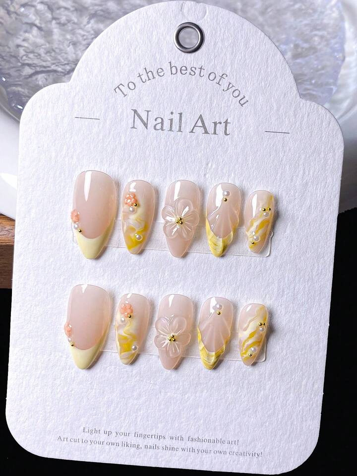 10pcs Y2K Style Handmade Pressed 3D Floral Pearl Water Wave Lemon Yellow Elegant Summer Nail Set, Suitable For Beach Holiday | SHEIN