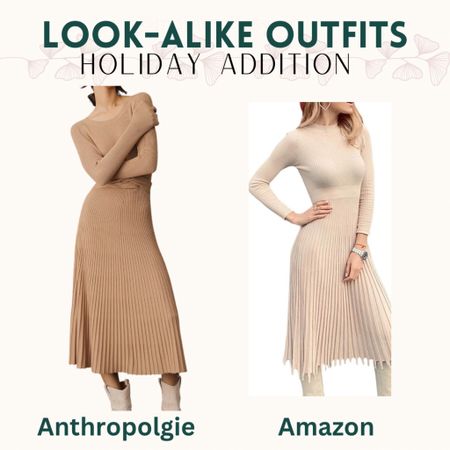 Another great look alike find from Anthropologie and Amazon. Ribbed long sleeve midi sweater dress comes in neutral or other color options. Style with boots or blazer. Great neutral option for fall or holiday gatherings  

#LTKHoliday #LTKmidsize #LTKfindsunder50