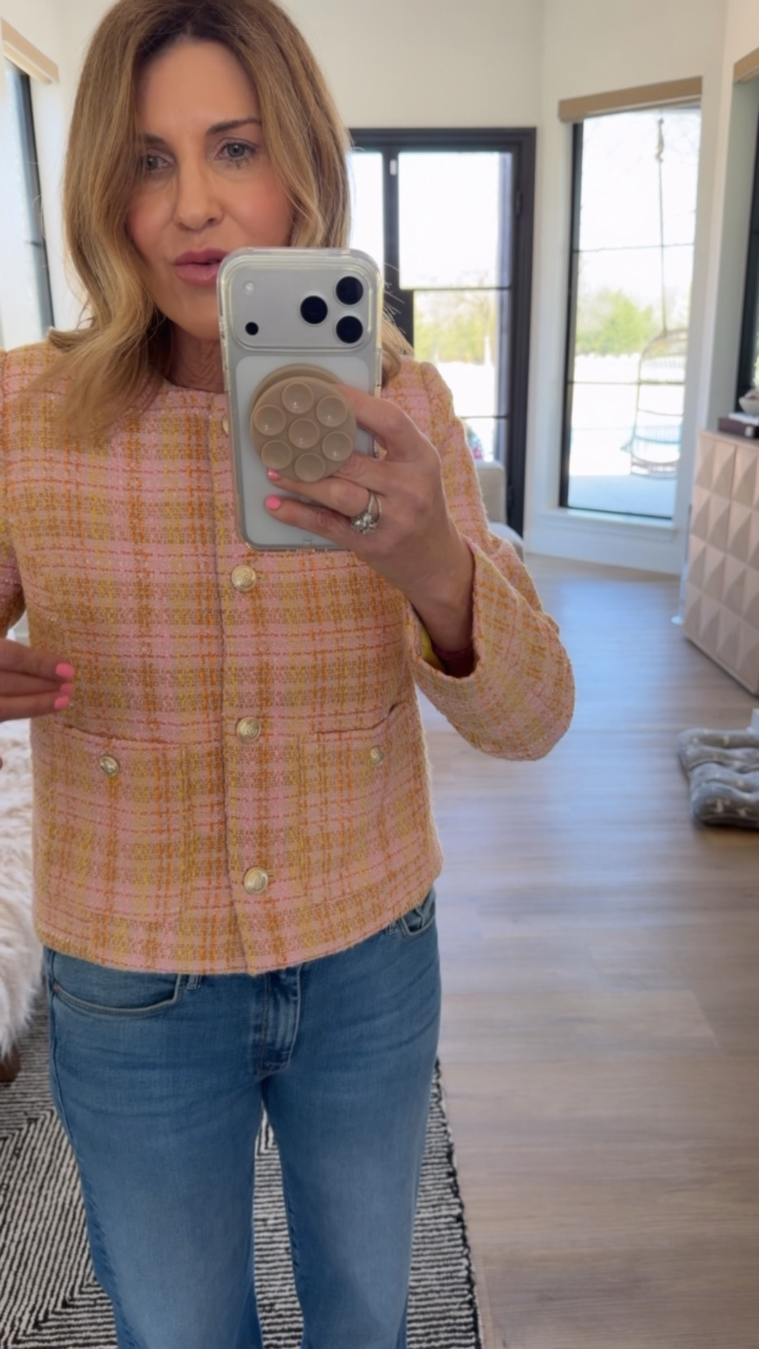 Tweed lady jacket in yellow plaid. It comes in sizes xs-xxxl
I’m in a small. Also available in white 

#LTKOver40