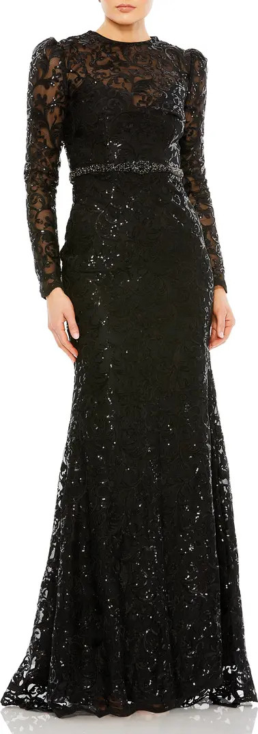 Sequin Tapestry Long Sleeve Trumpet Gown | Nordstrom