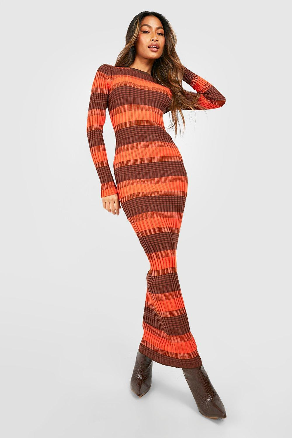 Womens Ombre Stripe Knitted Maxi Dress - Orange - 4 | Boohoo.com (US & CA)
