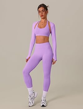 3 Piece Workout Sets for Women Seamless Halter Sports Bra High Waist Leggings Long Sleeve Shrug G... | Amazon (US)